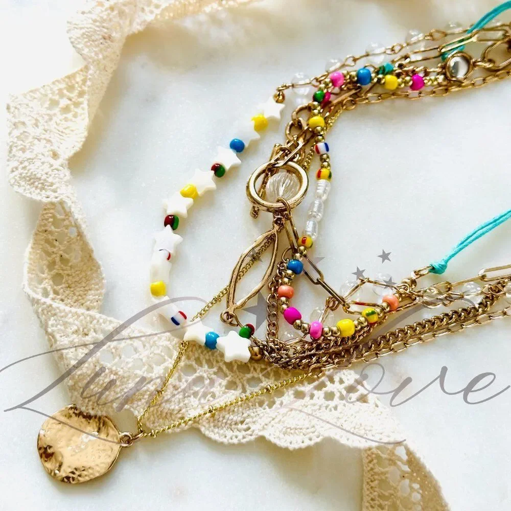 FREE PEOPLE Starry Celestial Multi Layer Gold Necklace In Multicolor NWT - Picture 5 of 6